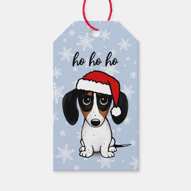 Piebald Dachshund Santa Cute Wiener Hund jul Presentetikett (Framsidan)