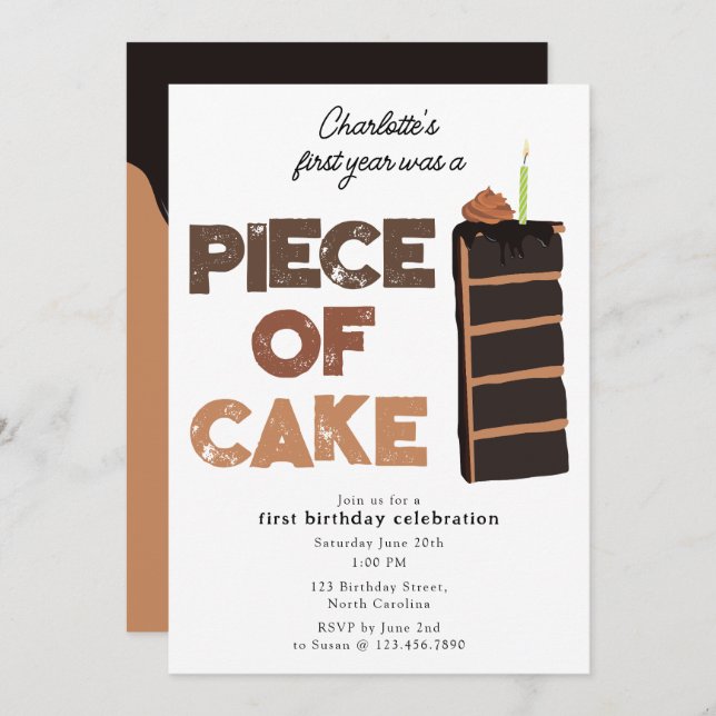 Piece of Cake Invite 1st  First Birthday Cute Inbjudningar (Fram/baksida)