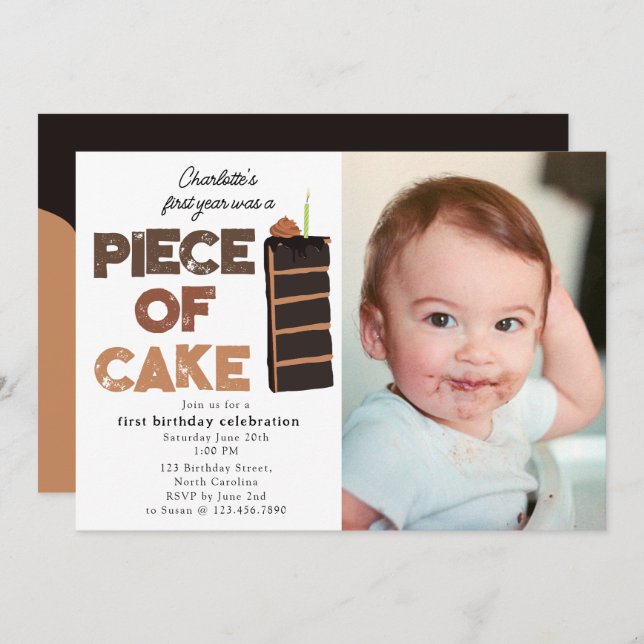 Piece of Cake Invite 1st  First Birthday Photo Inbjudningar (Fram/baksida)