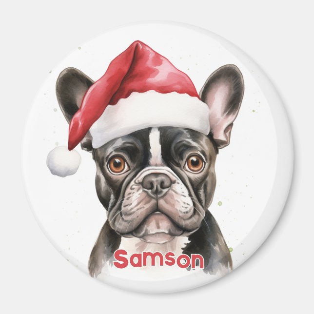 Pied Black White French Bulldog Christmas Magnet (Framsidan)