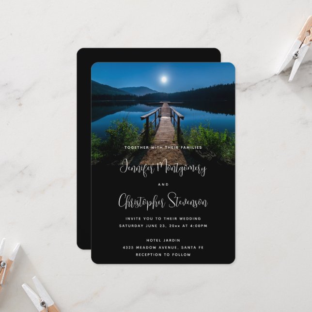 Pier på natten under Full Moon Bröllop Inbjudningar (Fram/Back In Situ)