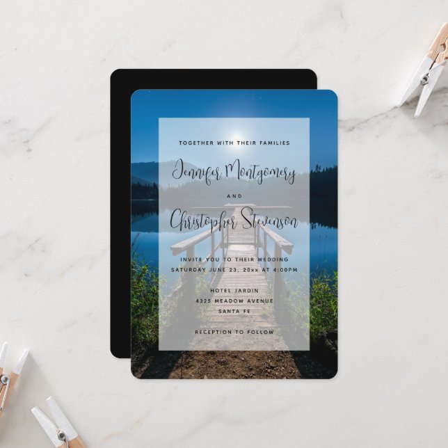 Pier på natten under Full Moon Bröllop Inbjudningar (Fram/Back In Situ)