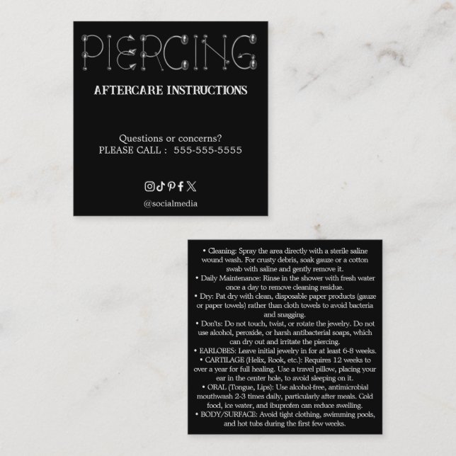 Piercing Aftercare Instructions Business Card Fyrkantigt Visitkort (Fram/baksida)