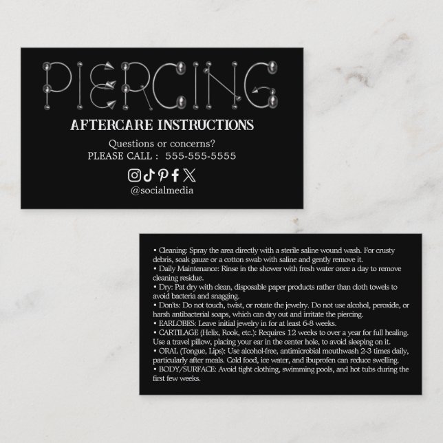 Piercing Aftercare Instructions Business Card Visitkort (Fram/baksida)