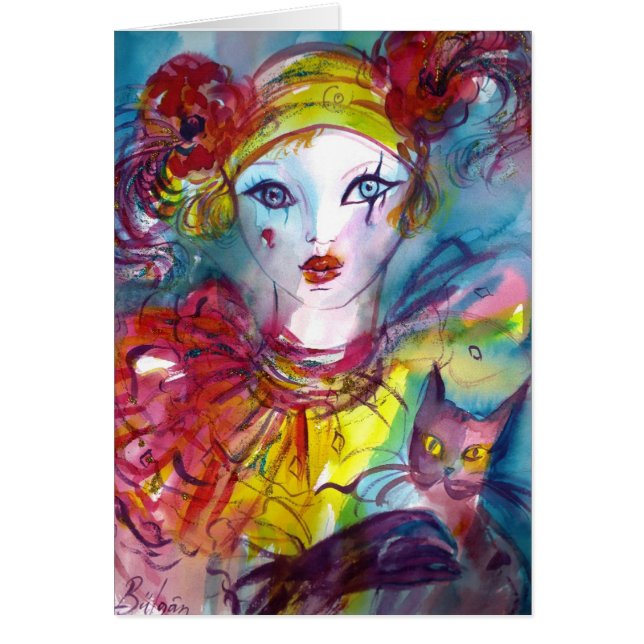 Piero med katt/Venetian Masqueramasker Hälsningskort (Framsidan)