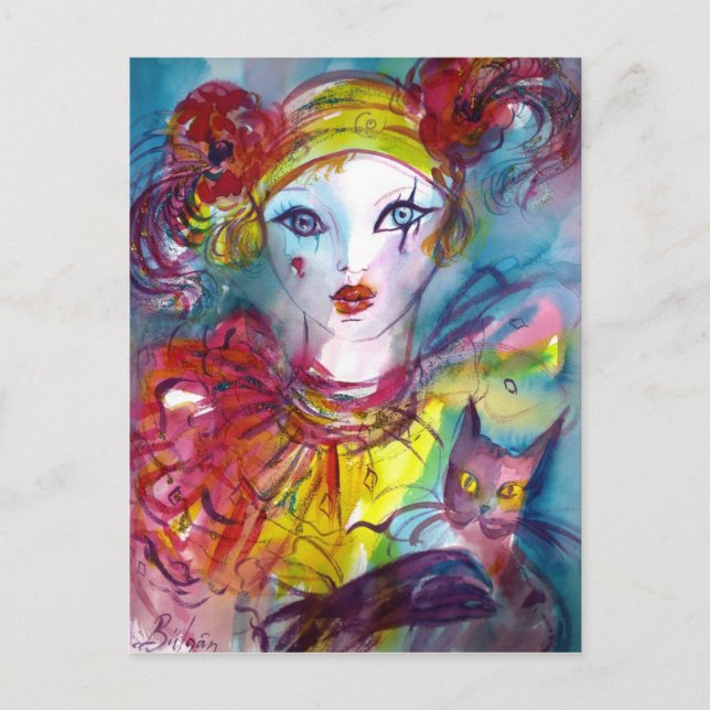 Piero med katt/Venetian Masqueramasker Vykort (Framsida)