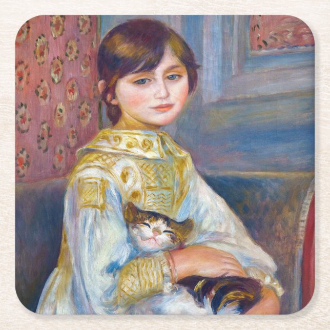 Pierre-Auguste Renoir - Barn med katt Underlägg Papper Kvadrat (Framsidan)