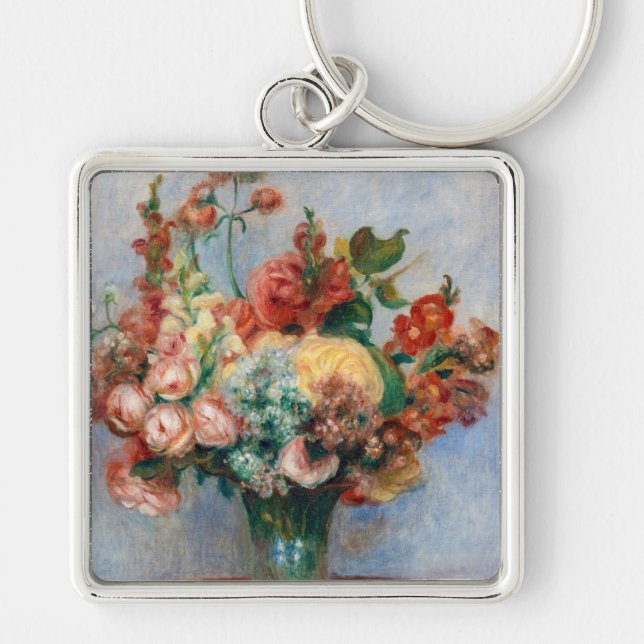 Pierre-Auguste Renoir - Blommor i Vas Fyrkantig Silverfärgad Nyckelring (Framsidan)