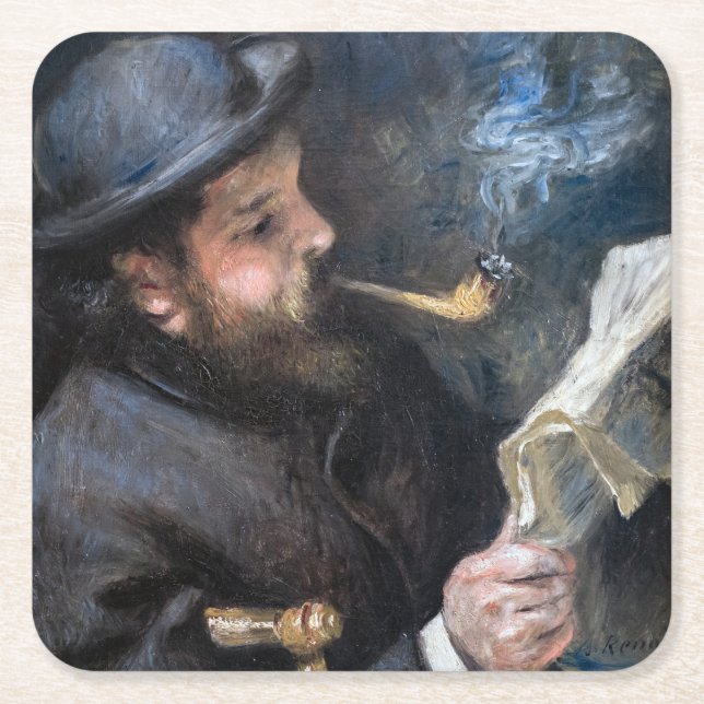 Pierre-Auguste Renoir - Claude Monet Reading Underlägg Papper Kvadrat (Framsidan)