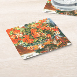 Pierre-Auguste Renoir Geraniums och Cats Underlägg Papper Kvadrat