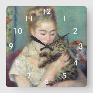 Pierre-Auguste Renoir - Woman med en katt Fyrkantig Klocka