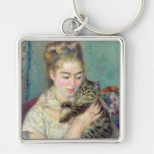 Pierre-Auguste Renoir - Woman med en katt Fyrkantig Silverfärgad Nyckelring