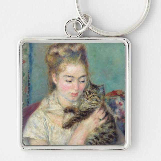 Pierre-Auguste Renoir - Woman med en katt Fyrkantig Silverfärgad Nyckelring (Framsidan)