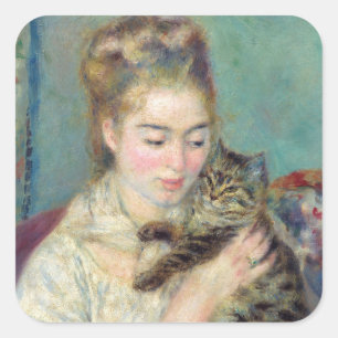 Pierre-Auguste Renoir - Woman med en katt Fyrkantigt Klistermärke