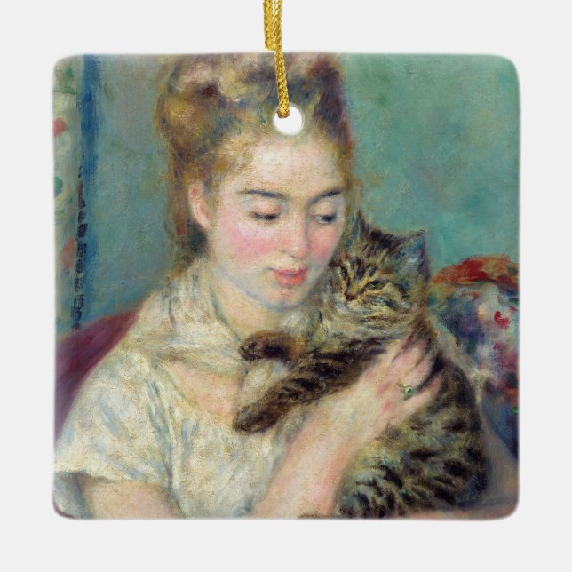 Pierre-Auguste Renoir - Woman med en katt Julgransprydnad Keramik (Framsida)