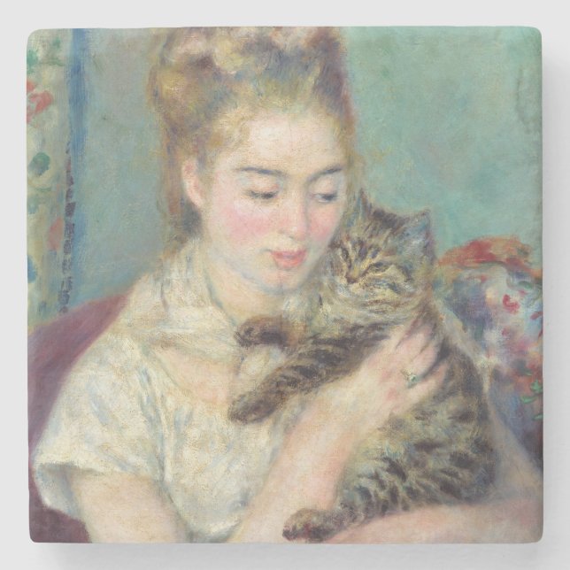 Pierre-Auguste Renoir - Woman med en katt Stenunderlägg (Framsidan)