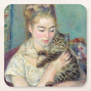 Pierre-Auguste Renoir - Woman med en katt Underlägg Papper Kvadrat