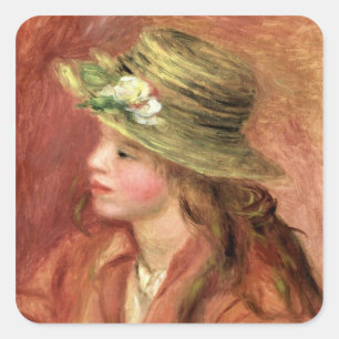 Pierre en Renoir   ung flicka i en sugrörhatt Fyrkantigt Klistermärke