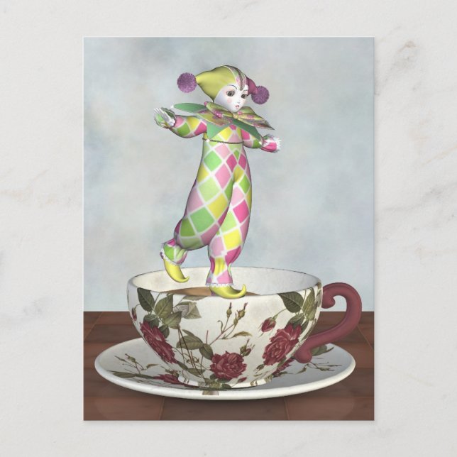 Pierrot Clown Doll Balancing på Tea Kopp Vykort (Framsida)