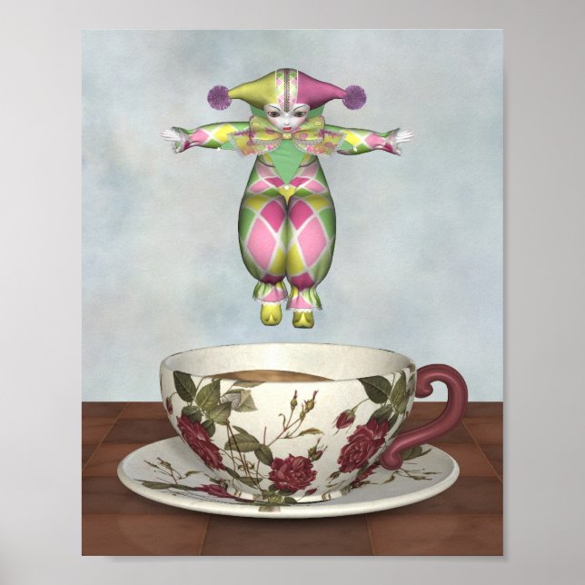 Pierrot Clown Doll Jumping in i Tea Kopp Poster (Framsidan)