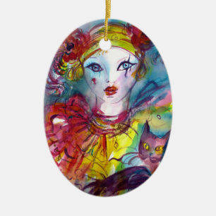 PIERROT MED CAT/Venetian-maskerad masker Julgransprydnad Keramik