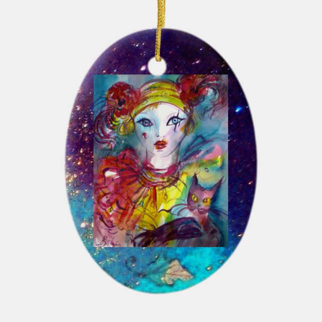 PIERROT MED CAT/Venetian-maskerad masker Julgransprydnad Keramik (Framsidan)