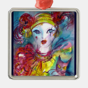 PIERROT MED CAT/Venetian-maskerad masker Julgransprydnad Metall