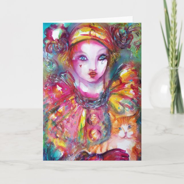 Pierrot med katt / venetianska maskeradmasker kort (Framsida)