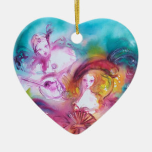 PIERROT OCH ARLECCHINA/TREDJE MASK Valentine Heart Julgransprydnad Keramik
