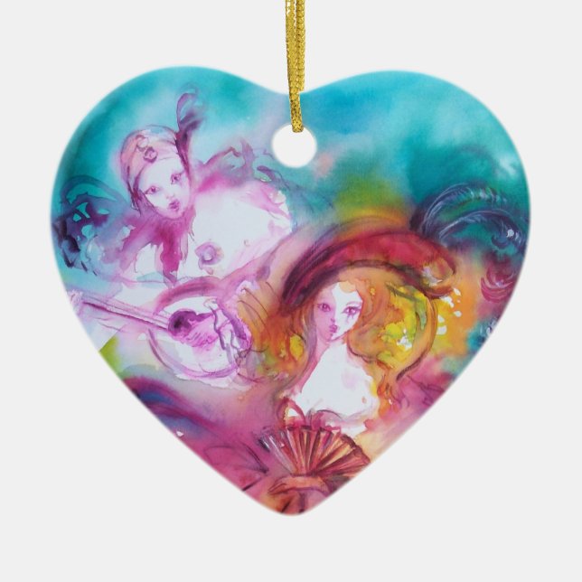 PIERROT OCH ARLECCHINA/TREDJE MASK Valentine Heart Julgransprydnad Keramik (Framsidan)