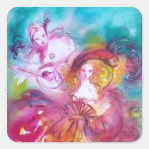 PIERROT OCH ARLECCHINA Venetian Carnival Fyrkantigt Klistermärke