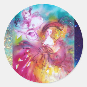 PIERROT OCH ARLECCHINA Venetian Carnival Runt Klistermärke