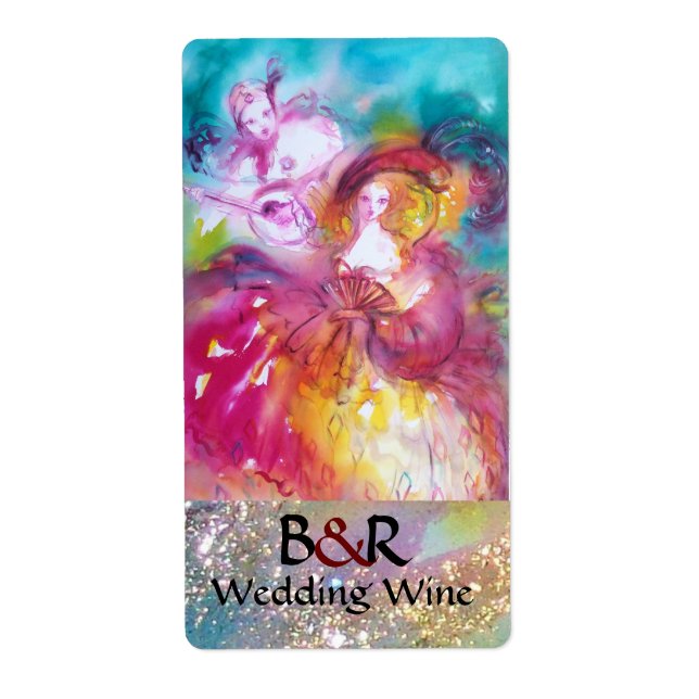 PIERROT OCH ARLECCHINA Venetian Masks Bröllop Vin Fraktsedel (Framsidan)