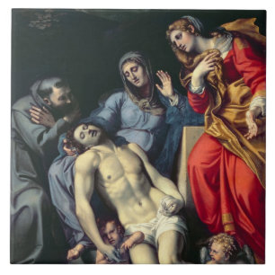 Pieta med St Francis och St Mary Magdalene, c.1 Kakelplatta