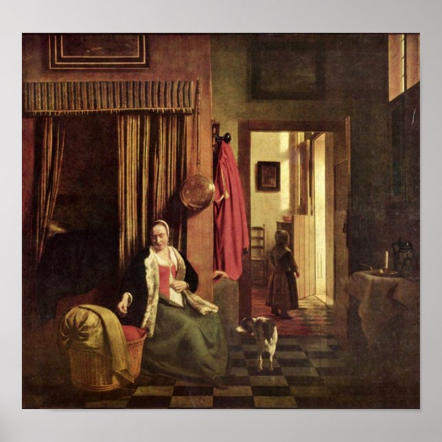 Pieter de Hooch - mor vid vaggan Poster (Framsidan)
