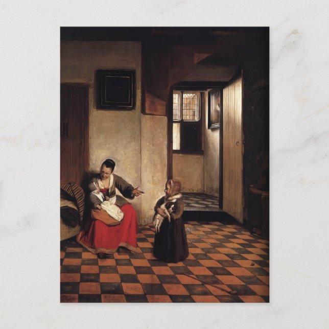 Pieter Hooch-A Woman med Baby i hennes lap Vykort (Framsida)
