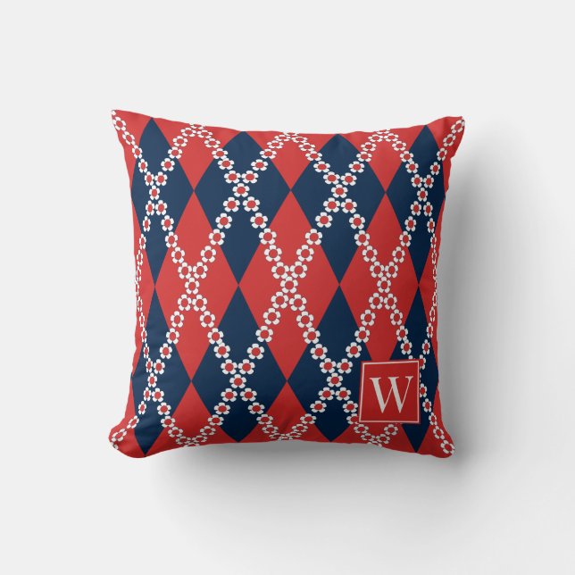 Piff Daisy Argyle – Röd Vit & Marinblå Monogram Kudde (Framsida)