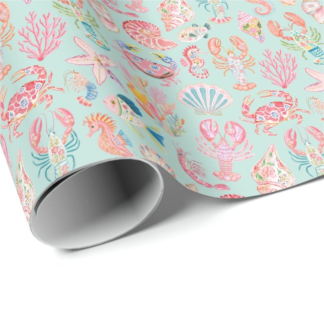 Piffa blomstermönster med havsdjur presentpapper (Rullad Hörn)