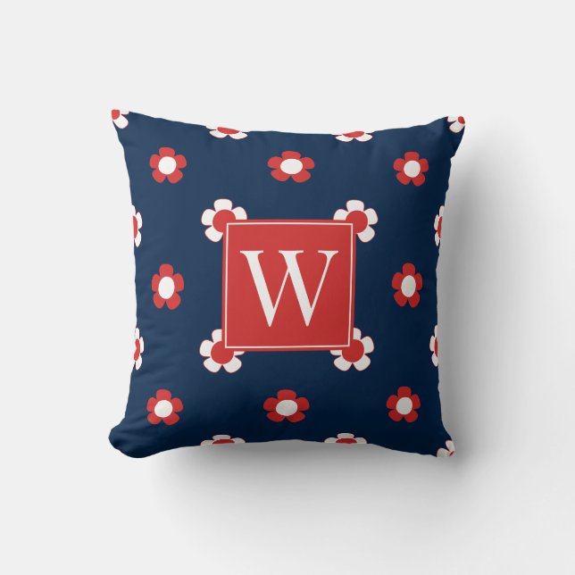 Piffa Daisifält – Rött & Marin Monogram Kudde (Framsida)