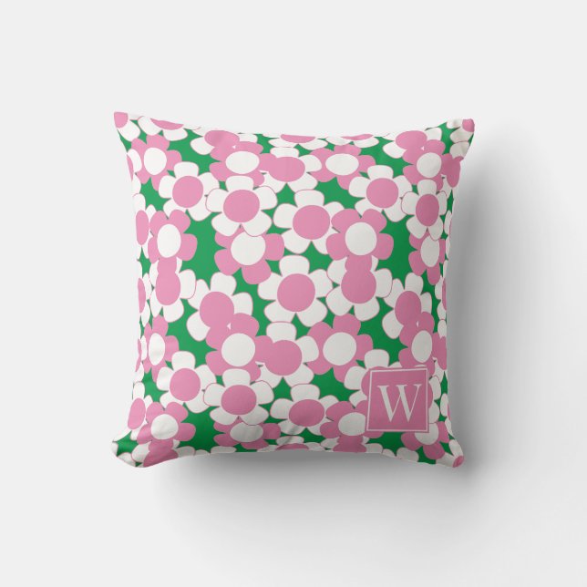 Piffig Daisy Blomning – Rosa & Grön Monogram Kudde (Framsida)