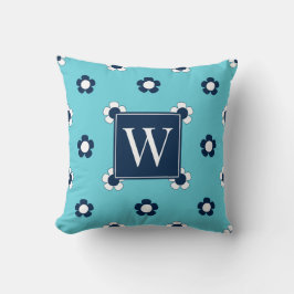 Piffig Daisy Field – Turkos & Marinblå Monogram Kudde