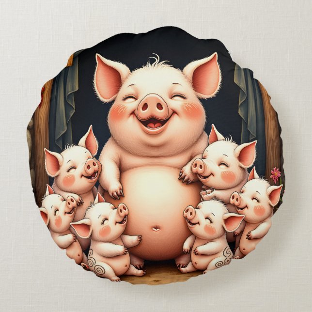 Pig Art – Mother & Piglets Rund Kudde (Baksidan)