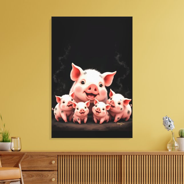 Pig Artwork – Mother Pig & Piglets Canvastryck (Insitu (Vardagsrum))