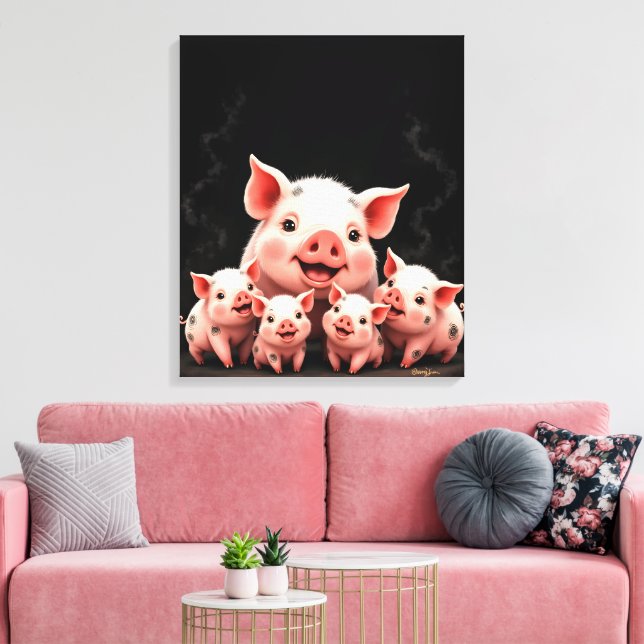 Pig Artwork – Mother Pig & Piglets Canvastryck (Insitu (Vardagsrum))