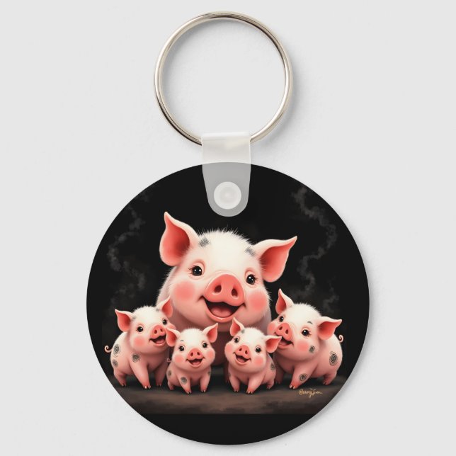 Pig Artwork – Mother Pig & Piglets Nyckelring (Framsida)