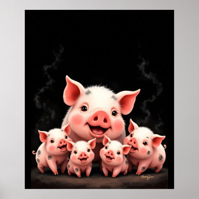Pig Artwork – Mother Pig & Piglets Poster (Framsidan)