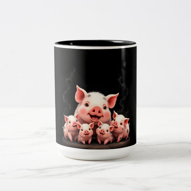 Pig Artwork – Mother Pig & Piglets Två-Tonad Mugg (Center)