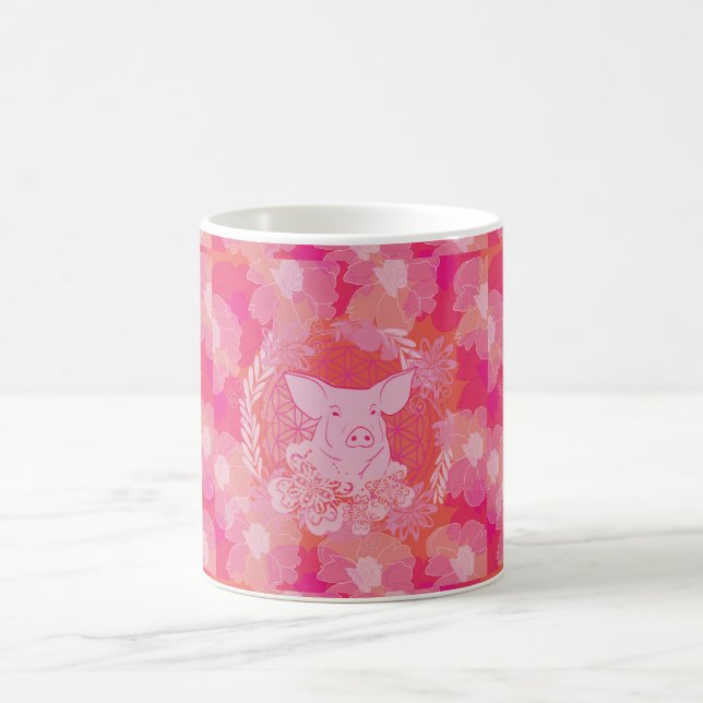 pig,flower of life, blue, mandala,zen,chakra,patt kaffemugg (Center)