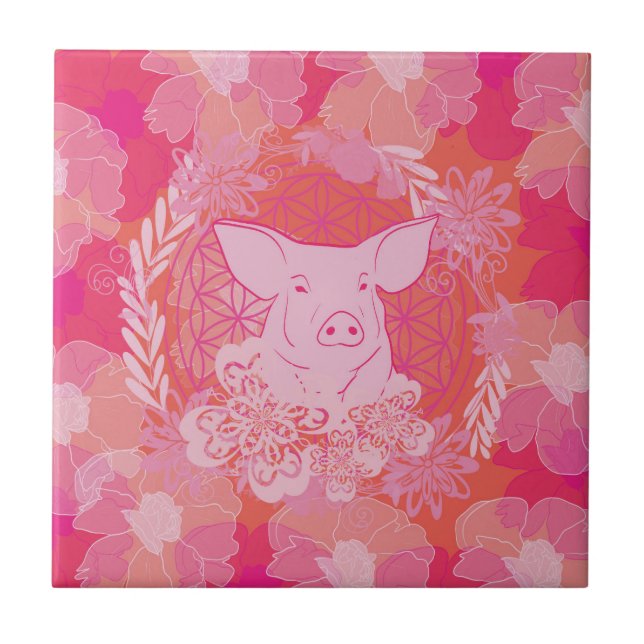 pig,flower of life, blue, mandala,zen,chakra,patt kakelplatta (Framsidan)