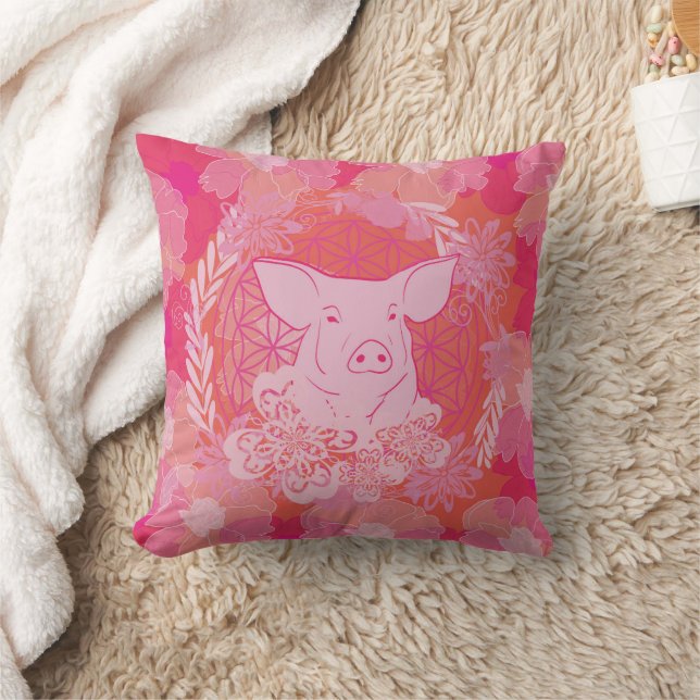 pig,flower of life, blue, mandala,zen,chakra,patt kudde (Filt)